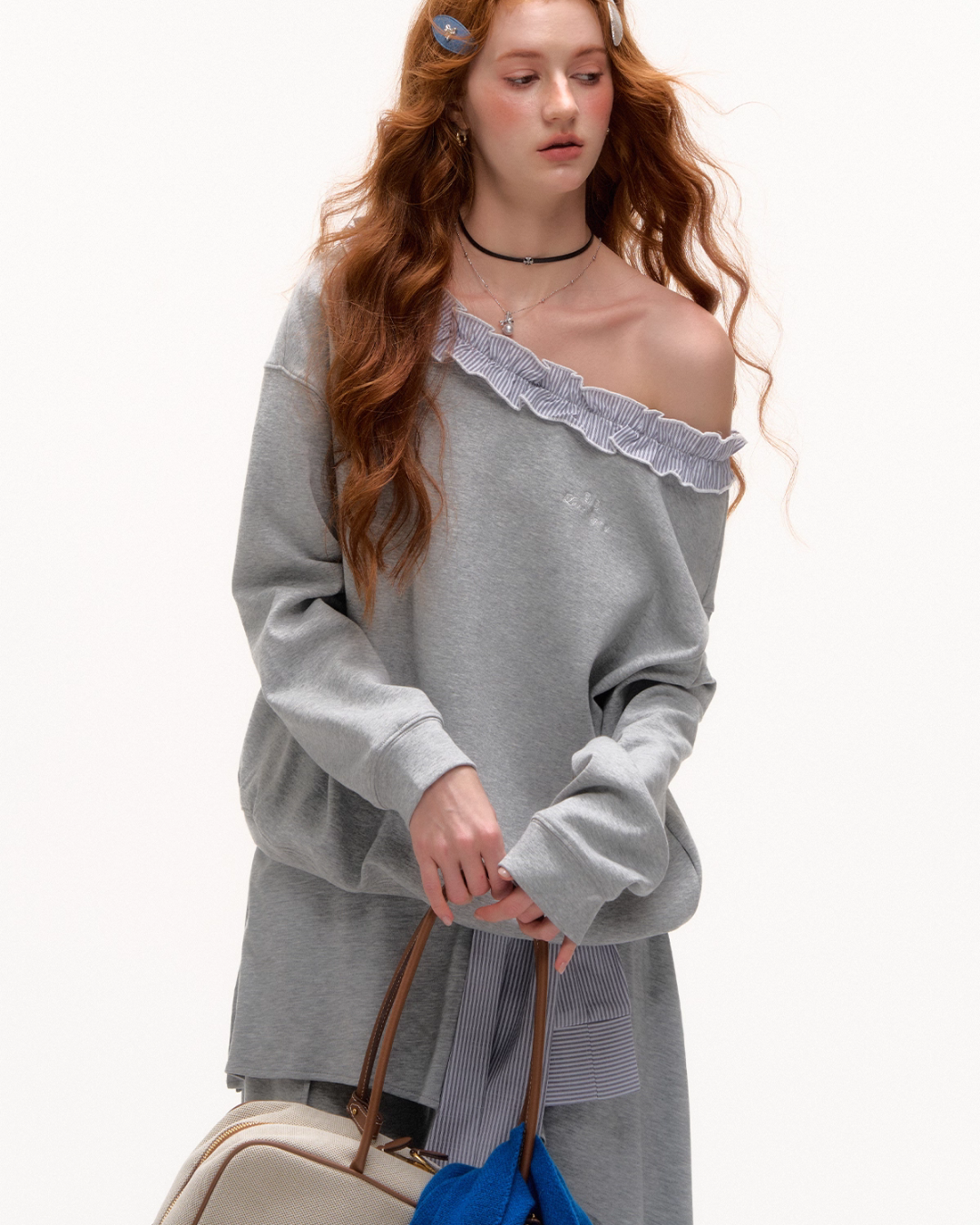 Stripe Lace Frill Off Shoulder Top / Flare Pants ASG0065