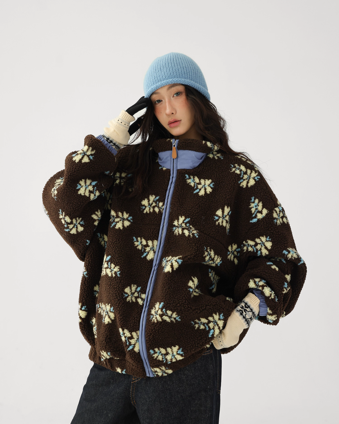 Floral Stand Collar Fleece Jacket ACS0325