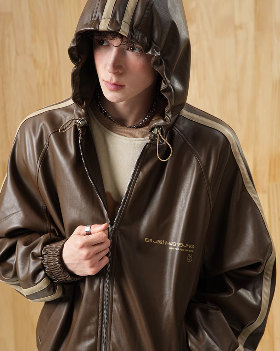 Sporty Hooded Leather Jacket BJH0008