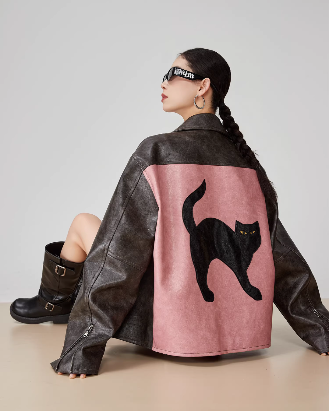 Cat Patch Embroidery Leather Jacket FER0062