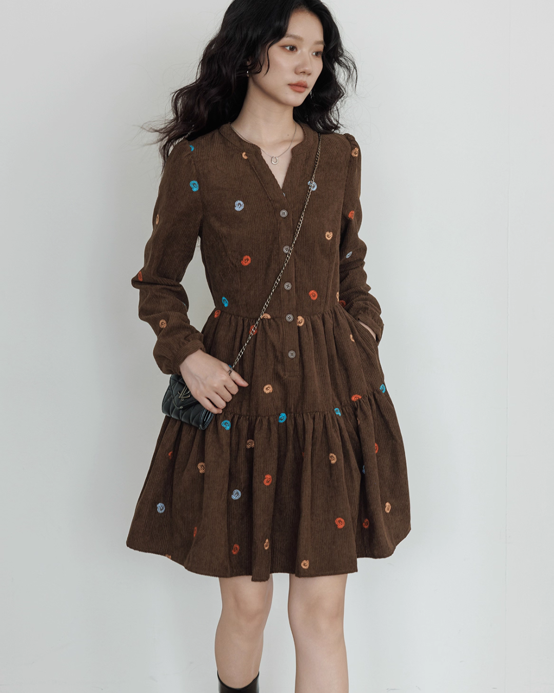 V-Neck Embroidered Shirt Dress VAS0169