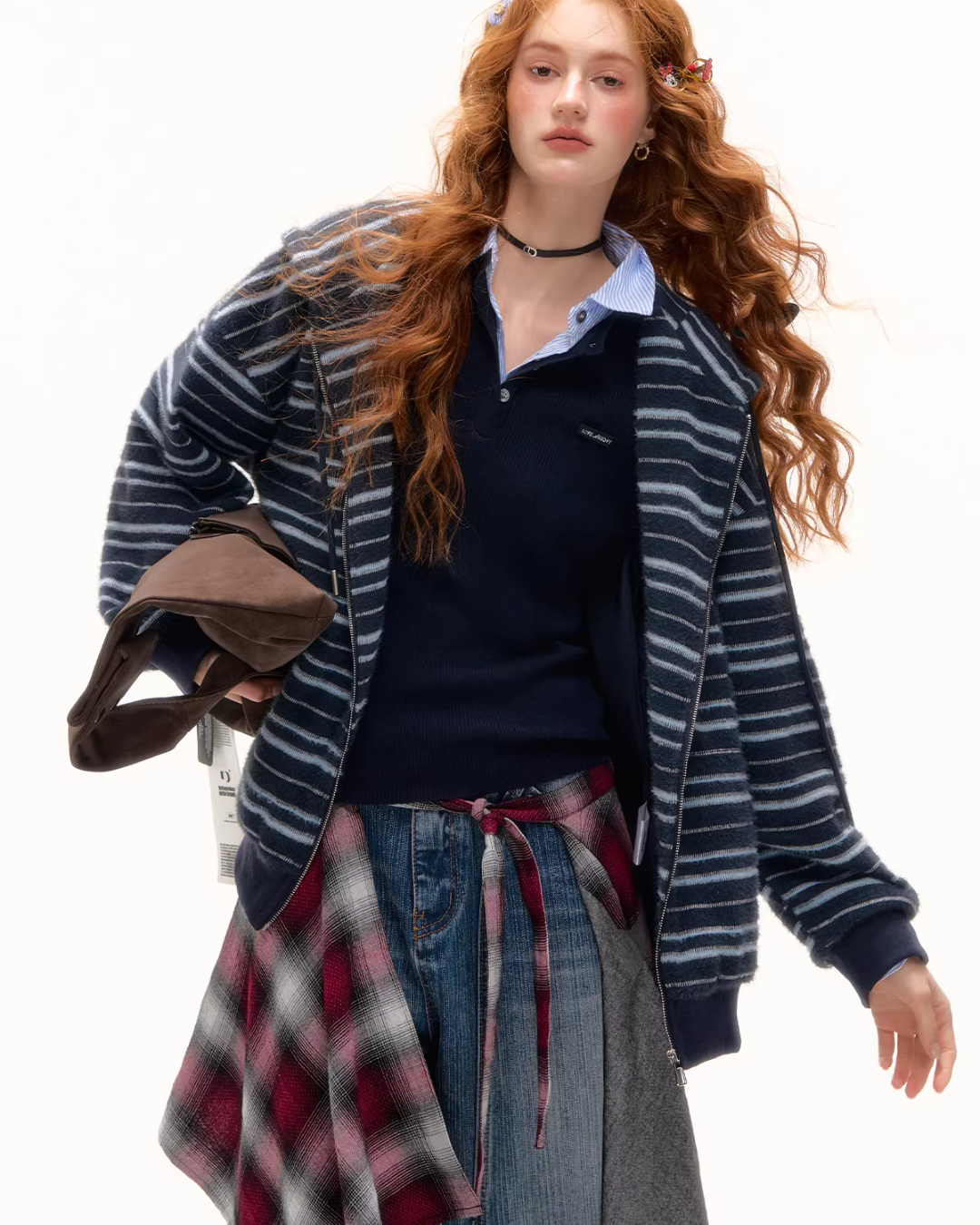Striped Cat Ear Hoodie / Layered-Style Design Shirt ASG0076
