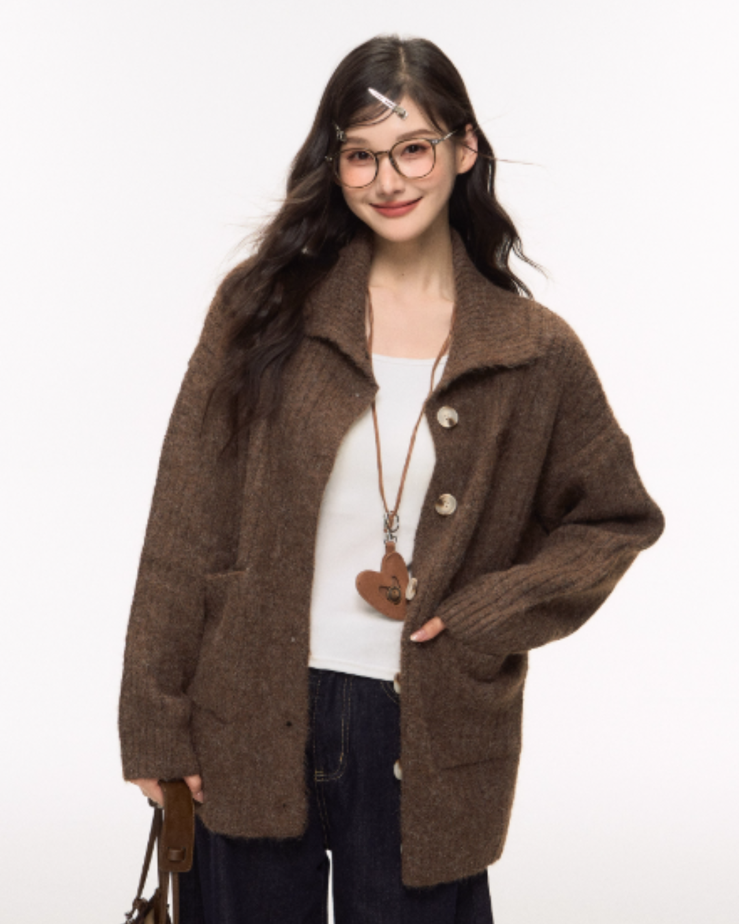 Stand Collar Knit Cardigan/Wide Denim Pants ELS0015