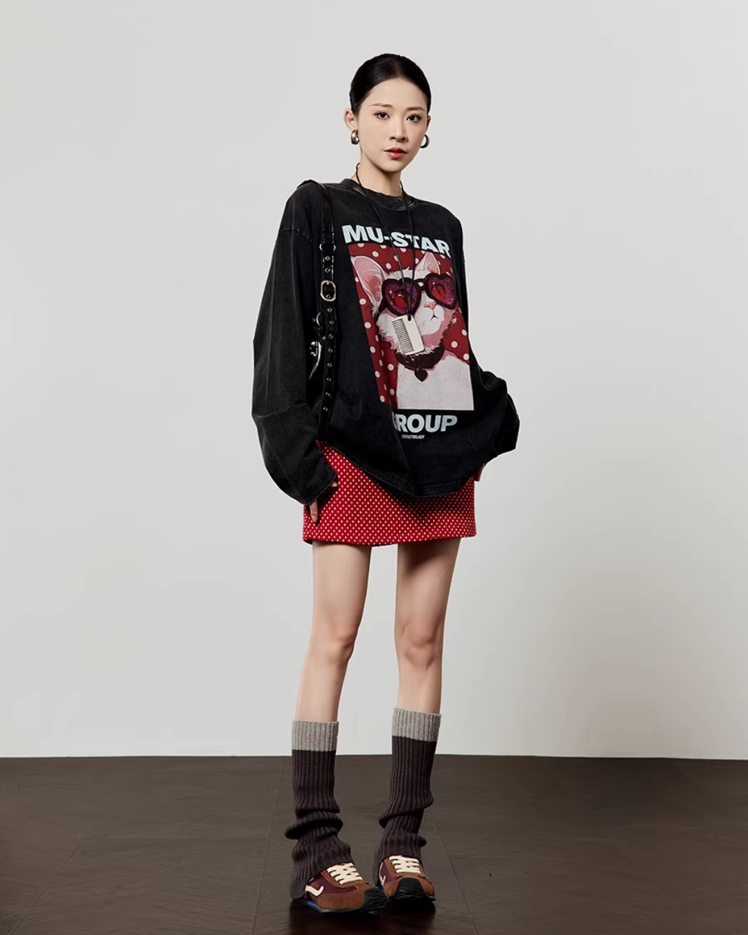 Cat Print Long Sleeve T-shirt / Polka Dot Mini Skirt LLA0593