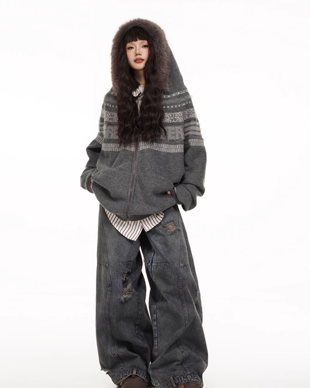 Fur Hood Retro Knit Cardigan FEC0002