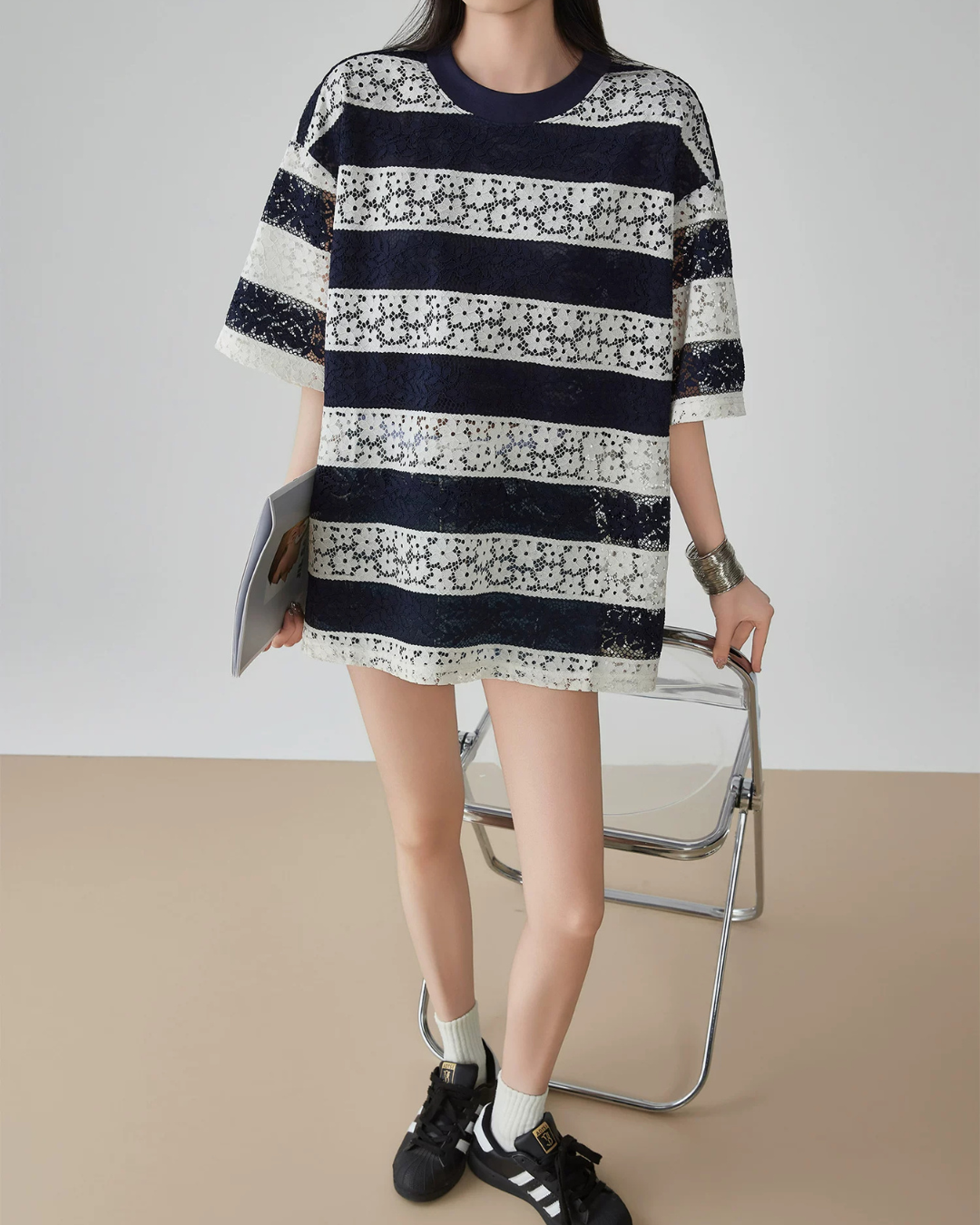 Sheer Lace Border Oversized T-Shirt FER0237