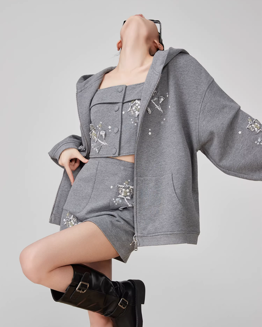 Flower Handmade Zip-Up Hoodie / Camisole / Mini Skirt FER0052