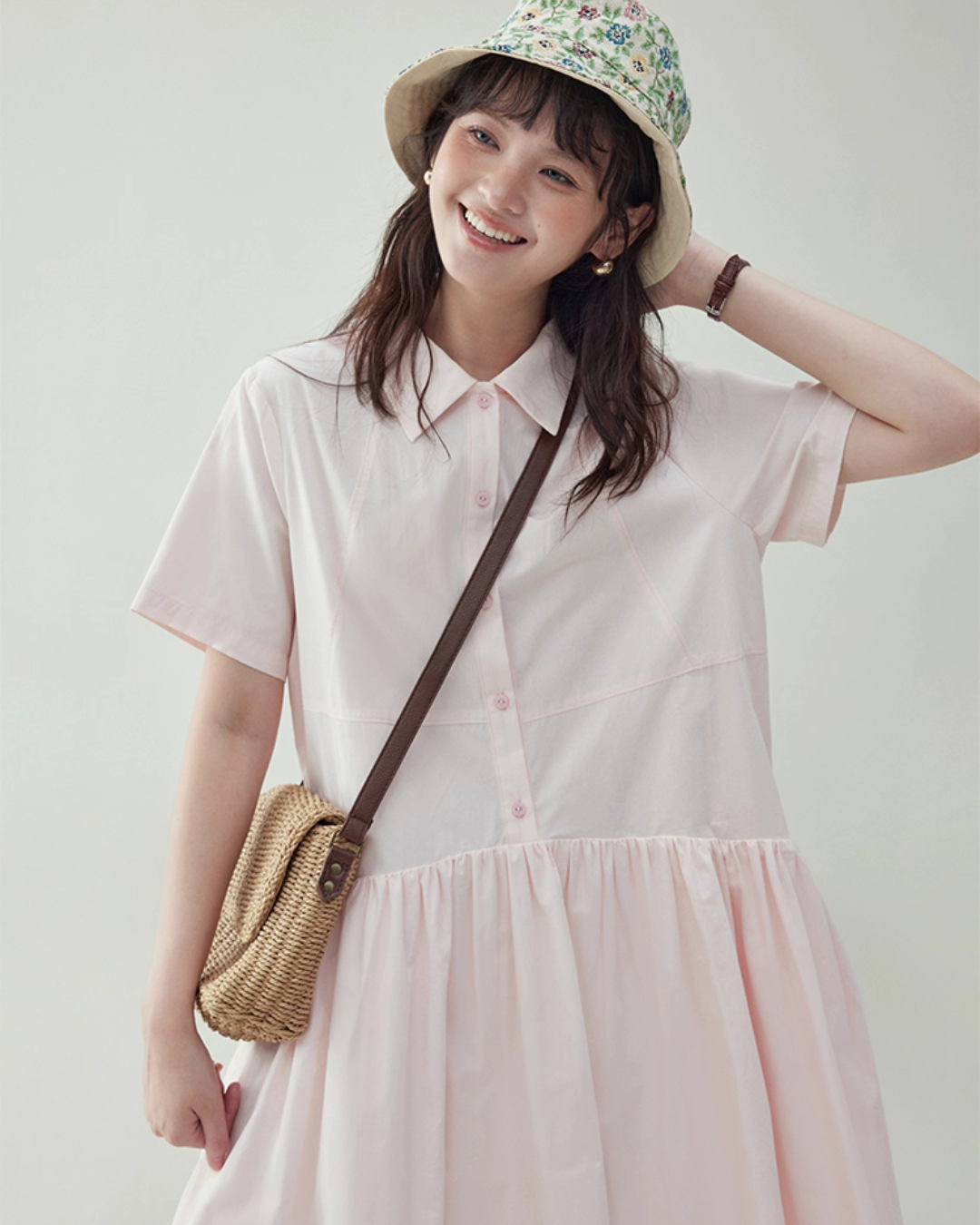 Relaxed Gathered Waist Cotton Dress AMU0027