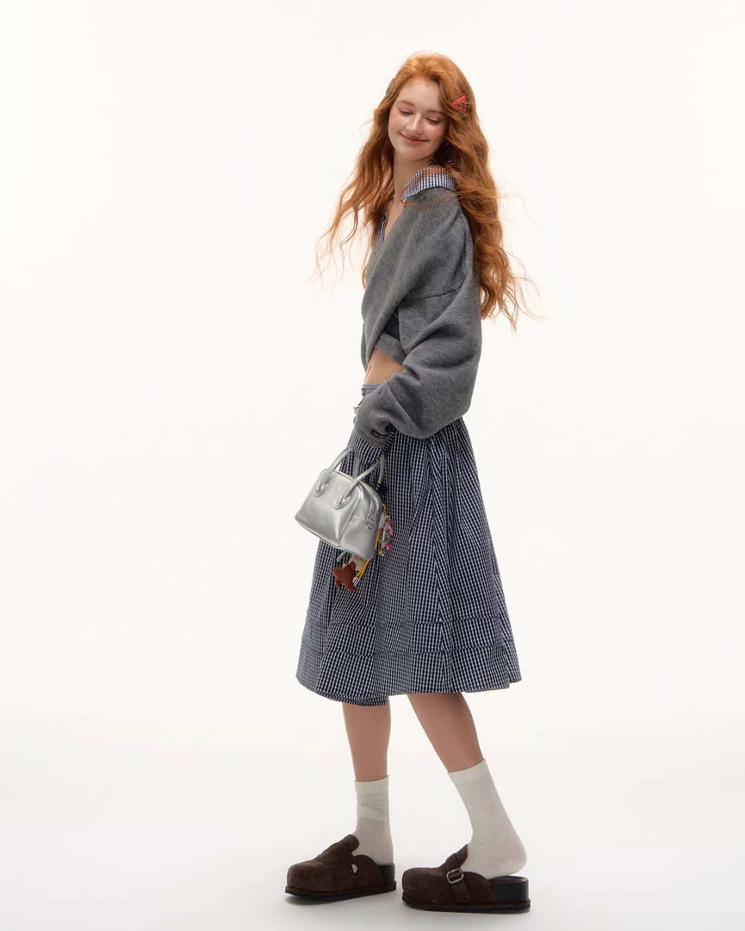 Front Wrap Knit Top/Gingham Check Skirt ASG0074