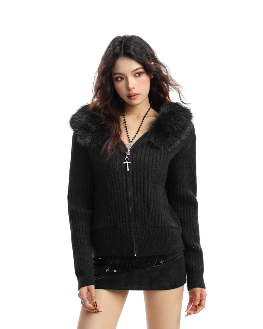 Faux Fur Zip Knit Top BGS0042