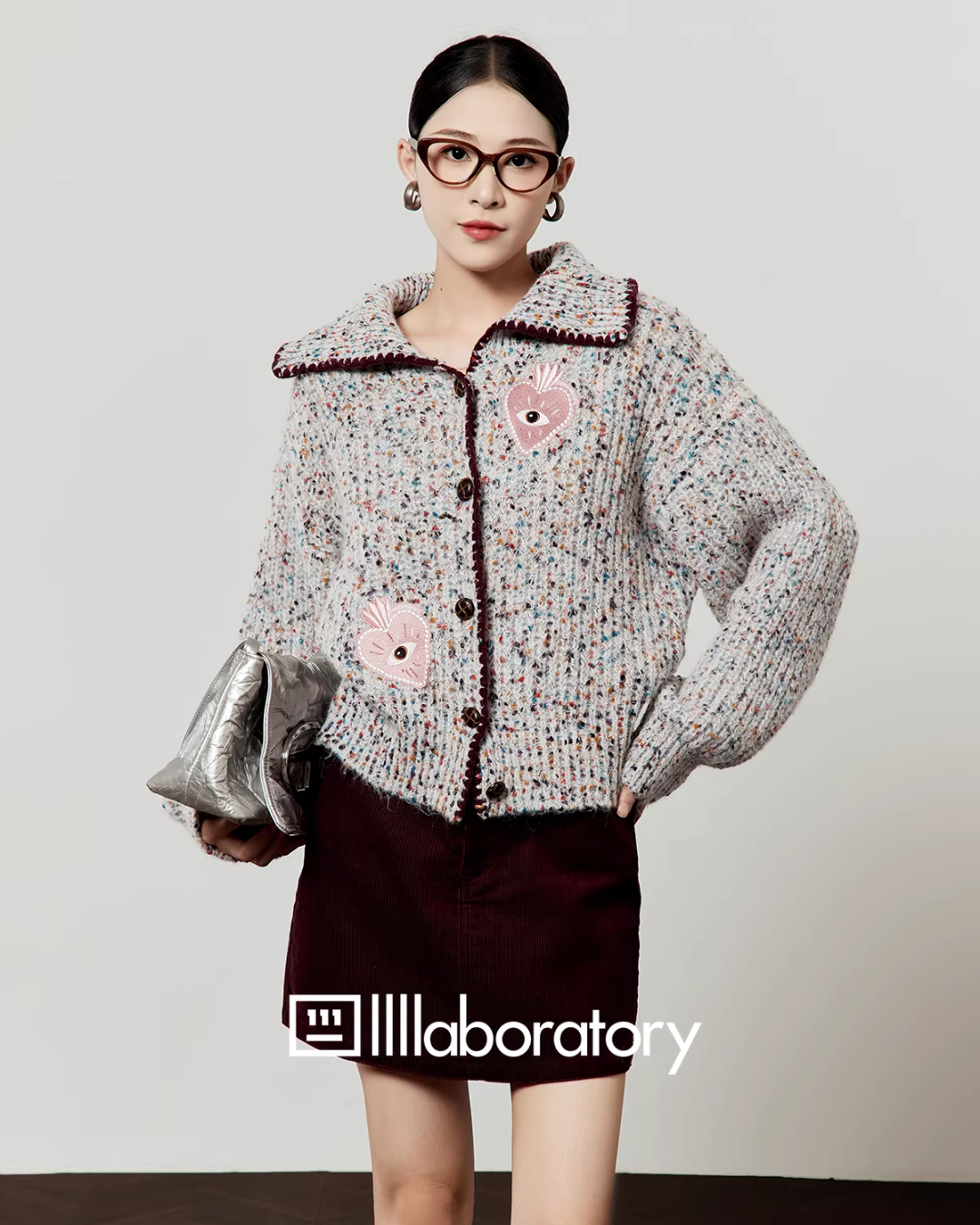 Mixed Color Knit Cardigan/Dark Purple Skirt LLA0580