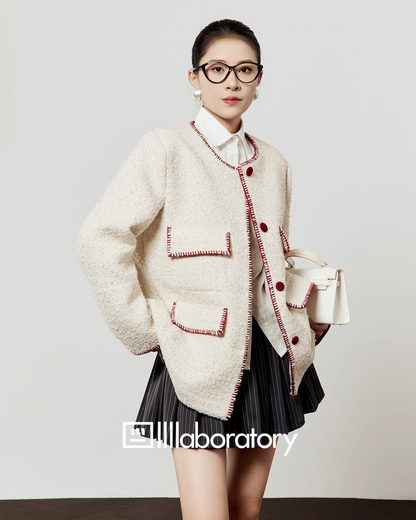 Elegant Tweed Jacket / Striped Pleated Skirt / White Long-Sleeve Shirt LLA0532