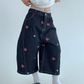 Heart Embroidery Design Wide Denim Pants YLS0851