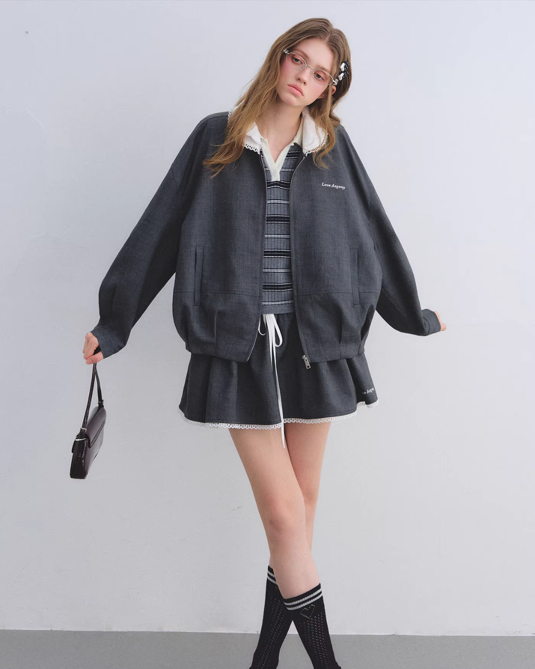 Lace Collar Zip Jacket / Flared Mini Skirt ASG0084