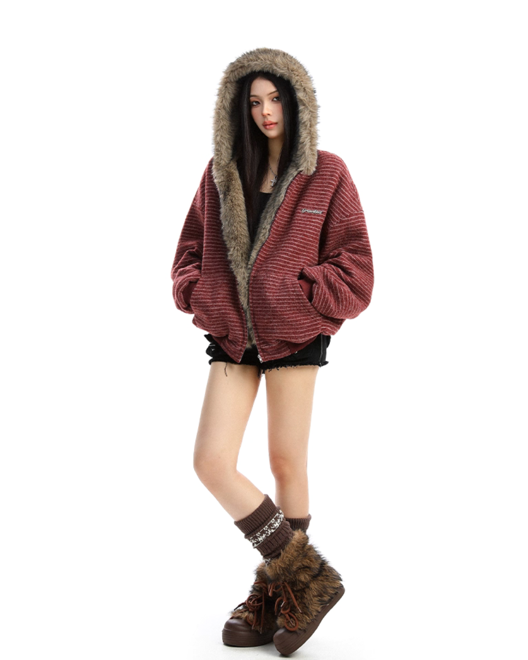 Inner Fur Thin Stripe Zip Hoodie BGS0032