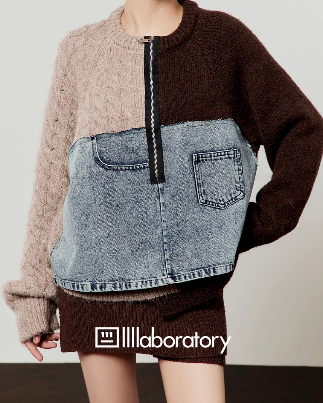 Color Block Denim Patchwork Top / Knit Mini Skirt LLA0578