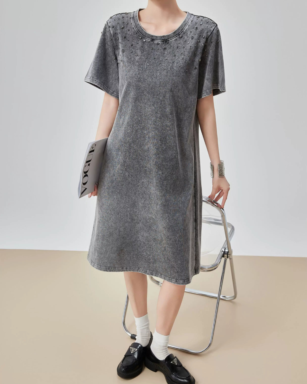 Chemical Wash Studs T-Shirt Dress FER0197