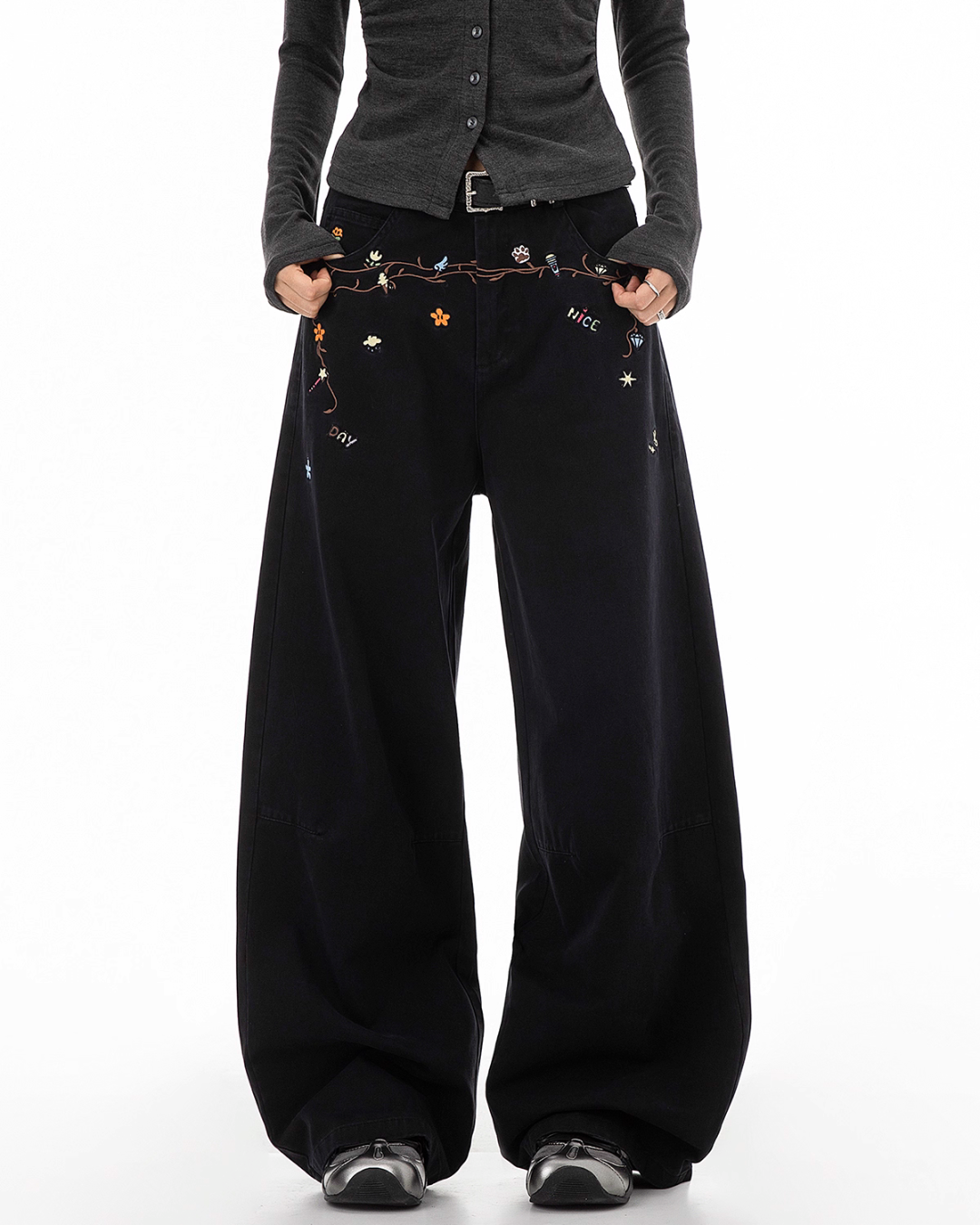 Floral Embroidery Wide Denim Pants ICM0116