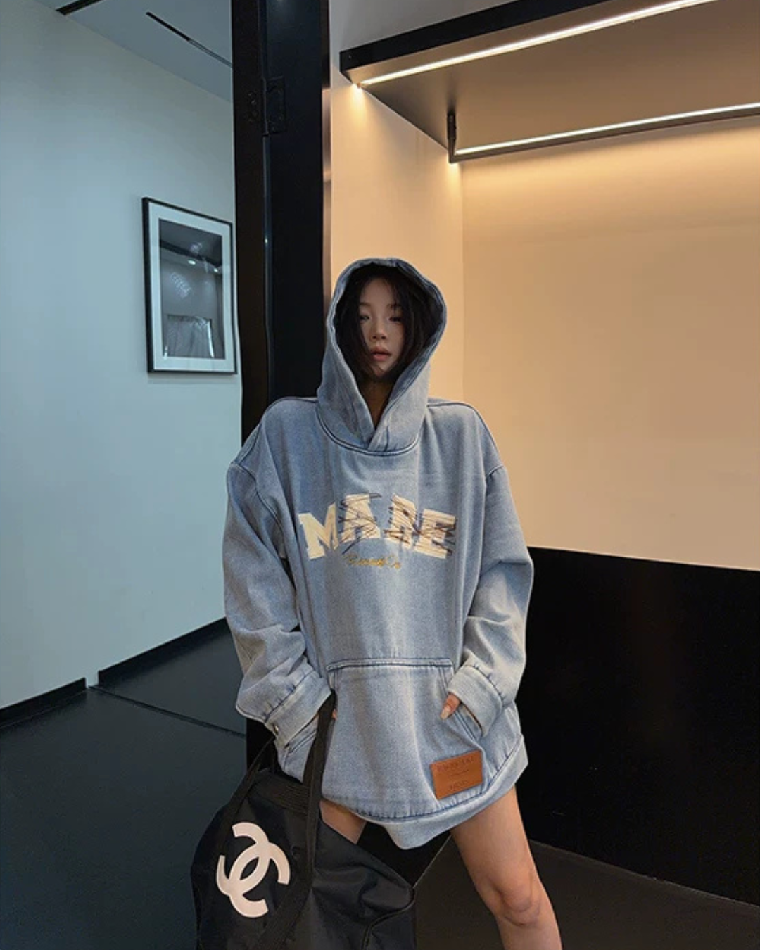 Oversize Retro Embroidered Denim Hoodie YLS1077