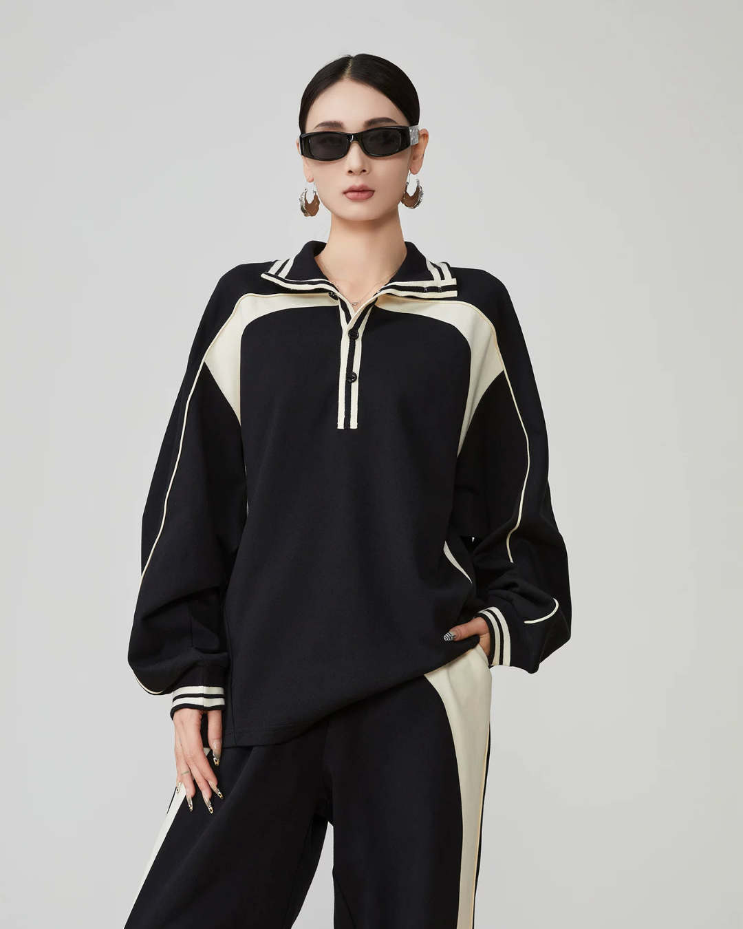Color-Contrast Collared Long-Sleeve / Casual Wide Pants  FER0378