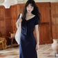 V-neck Navy Blue Dress SMS0025