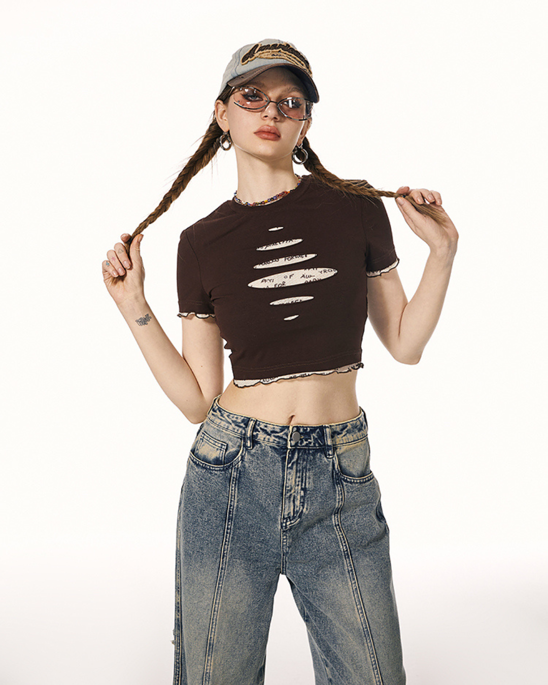 American Layered Style Cropped T-Shirt IMO0066