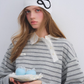 Button Lace Collar Striped Top ASG0085