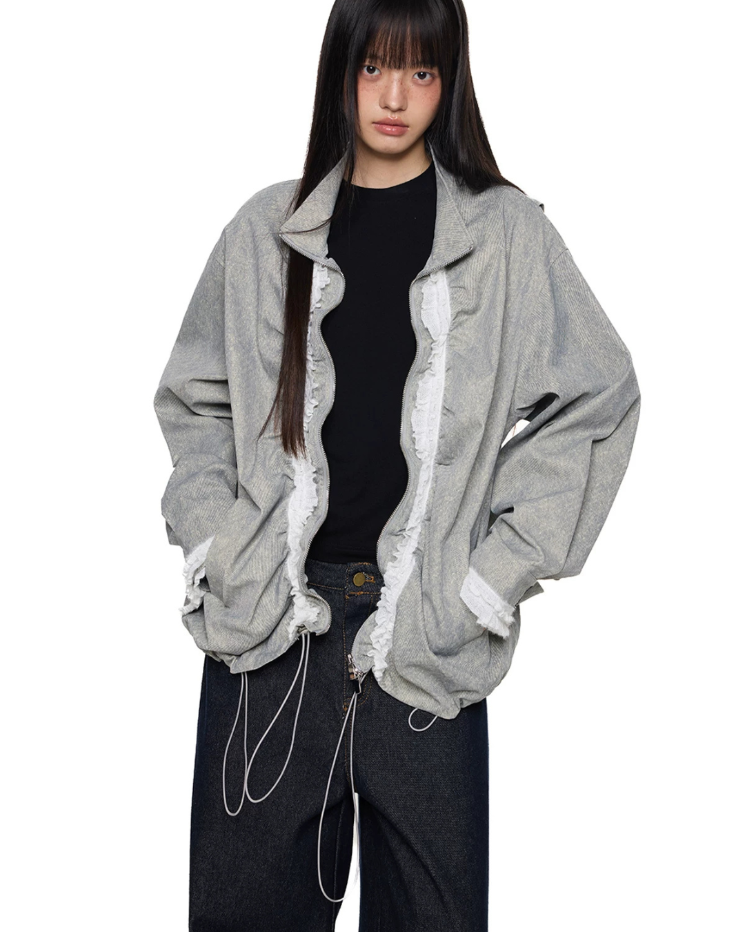 Drawstring Stand Collar Lace Jacket EZK0105