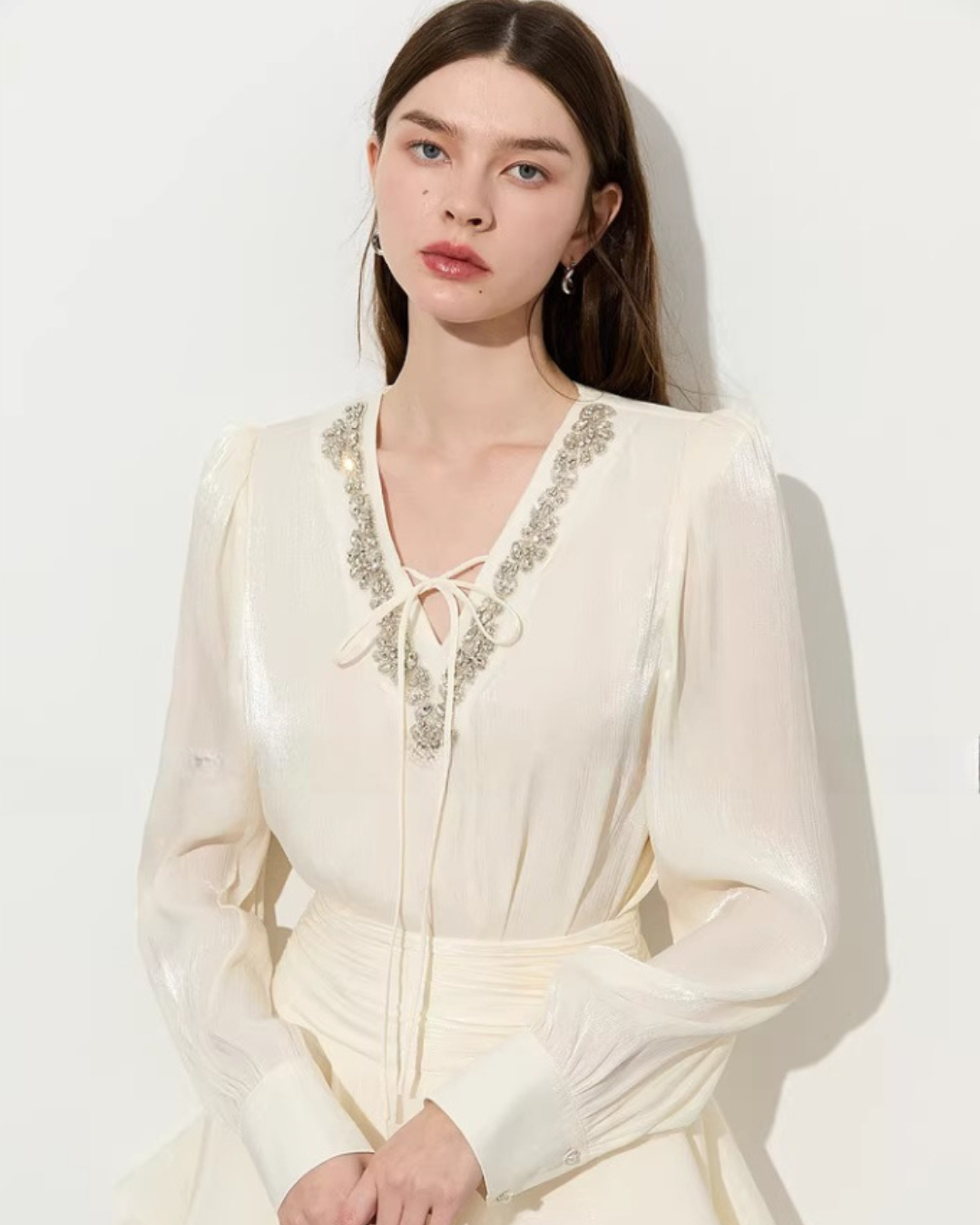 V-Neck Sparkly Sheer Top / Flared Mini Skirt DPY0079