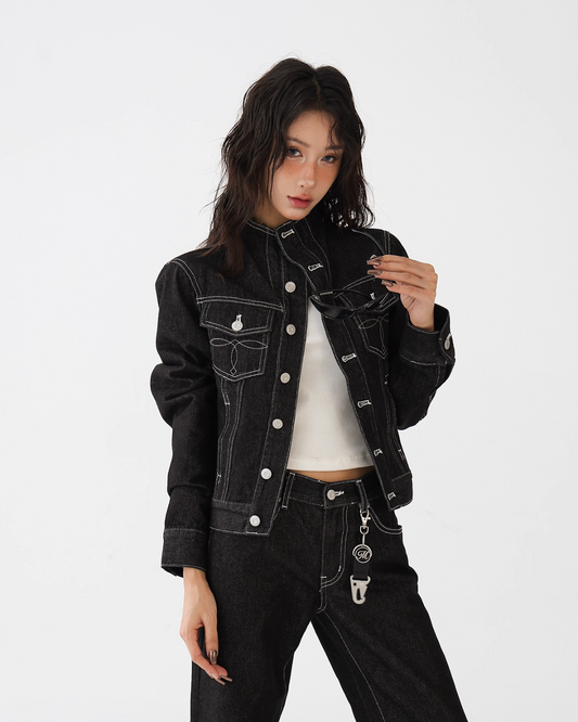 High Neck Stitch Denim Jacket / Wide Denim Pants ACS0265