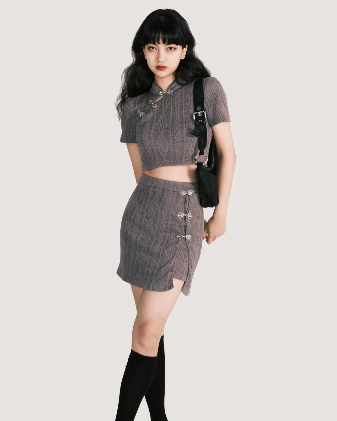 Metal Plate Buckle Cheongsam Tops & Skirt LLS0028