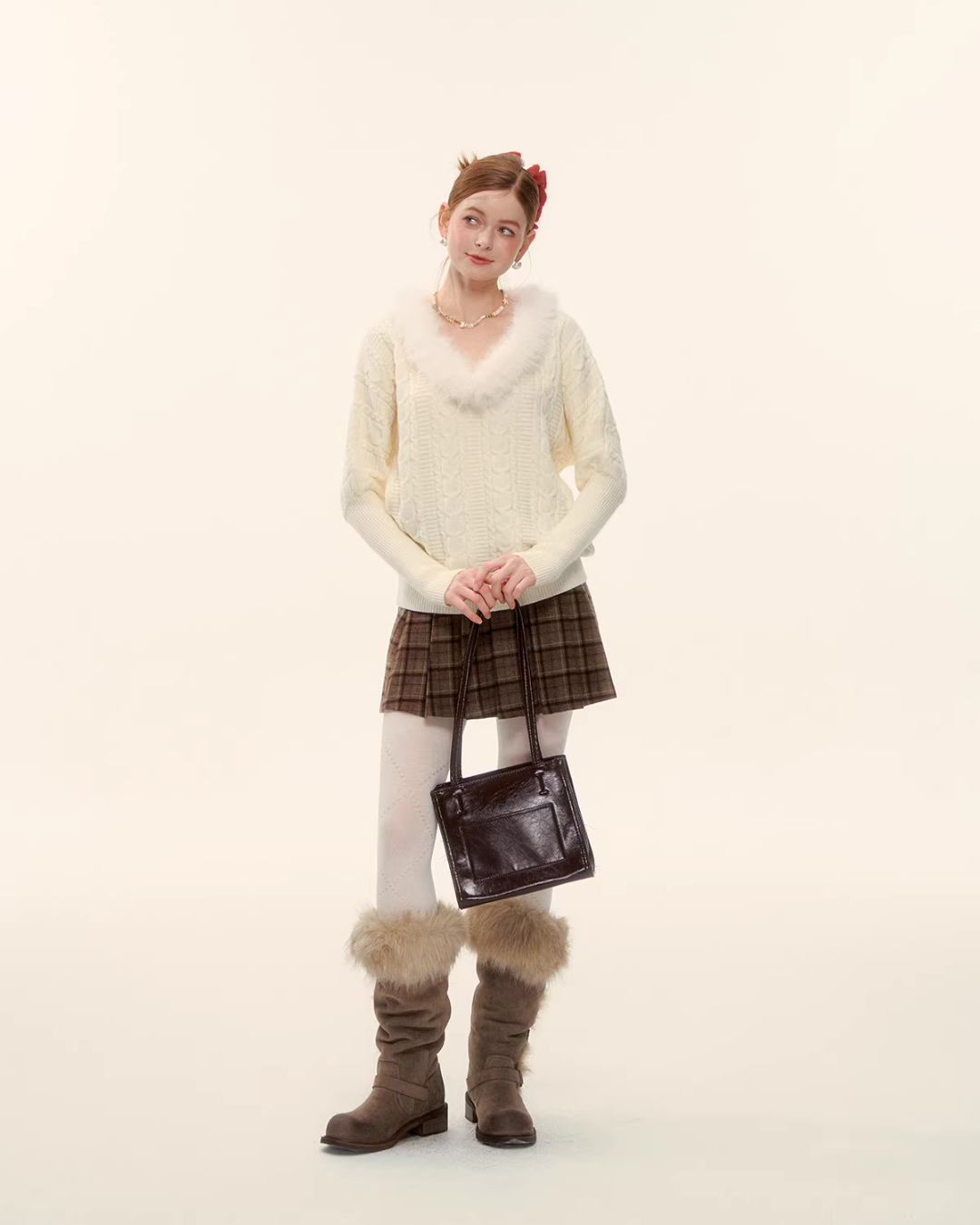 Fur Collar Cable Knit Top ASG0077