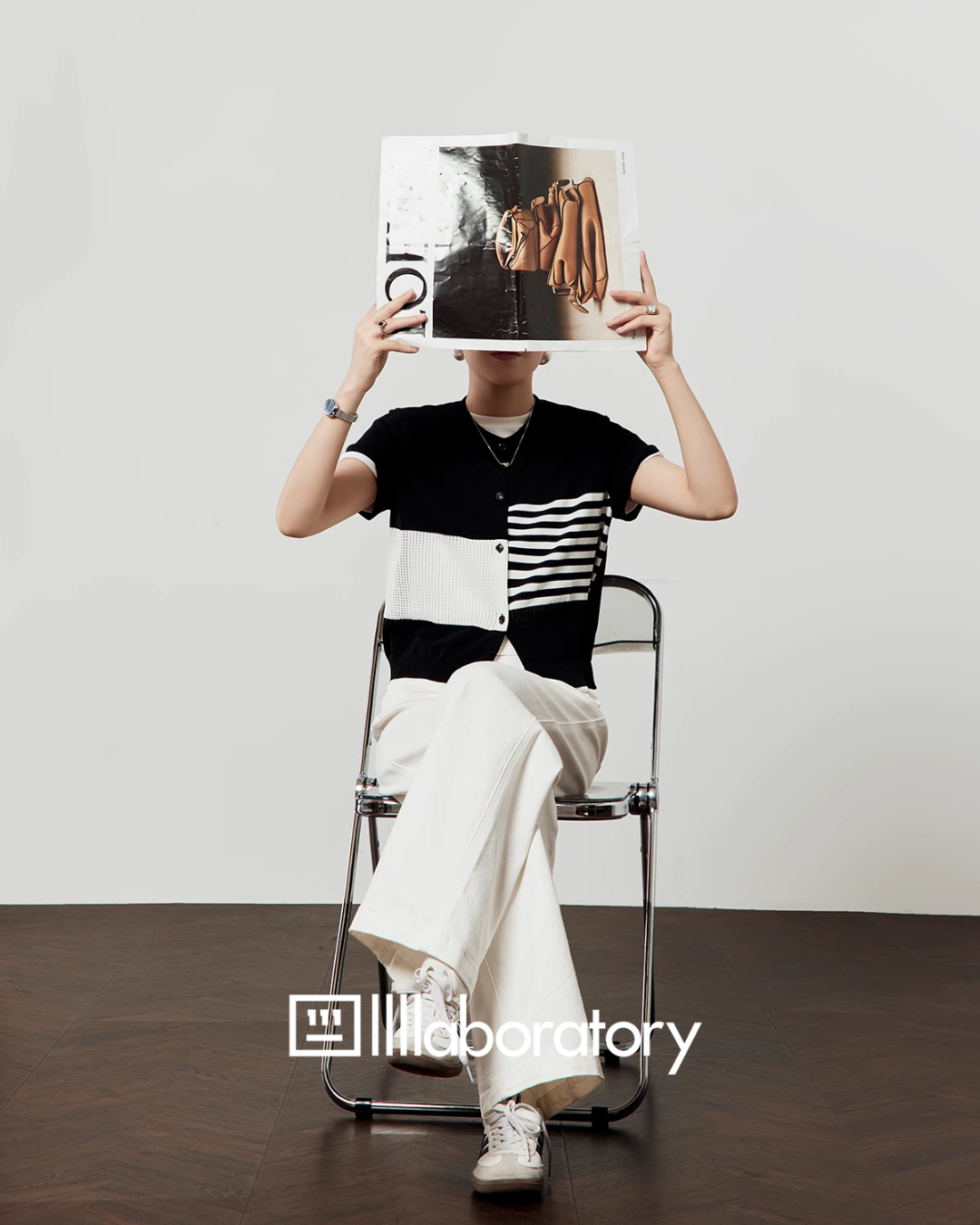 Color Block Stripe Knit / White Denim Pants LLA0496