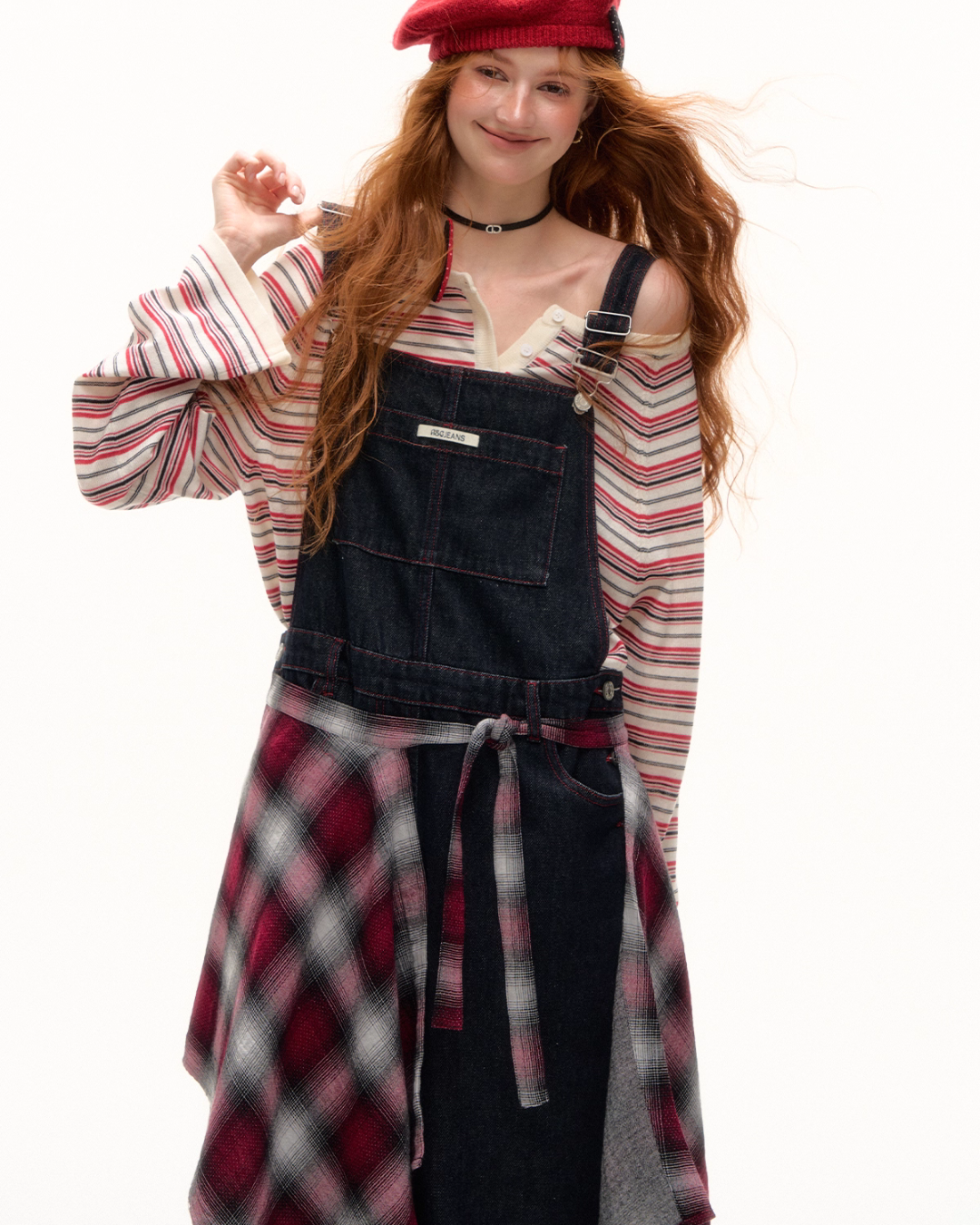 Half Button Border Top / Wide-Leg Denim Overalls ASG0053