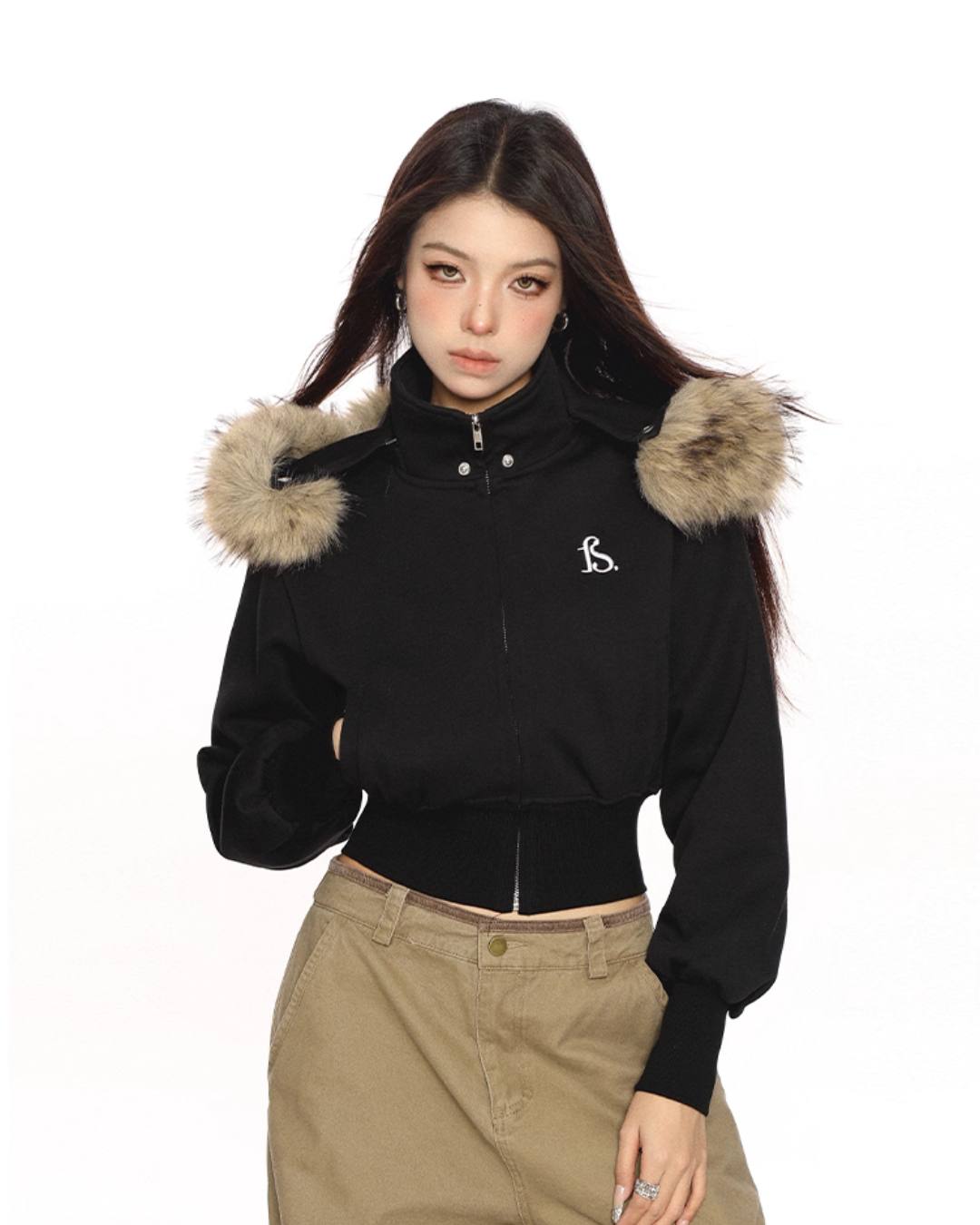 Fur Cropped Zip Up Hoodie BGS0013