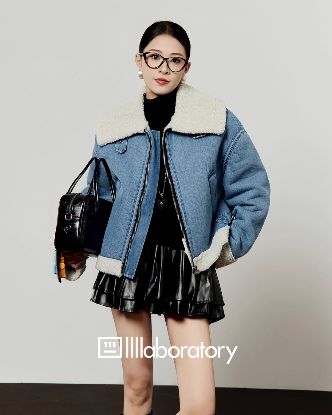 Denim Mouton Jacket / Leather Tiered Skirt  LLA0569