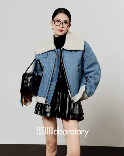 Denim Mouton Jacket/Leather Tiered Skirt LLA0569