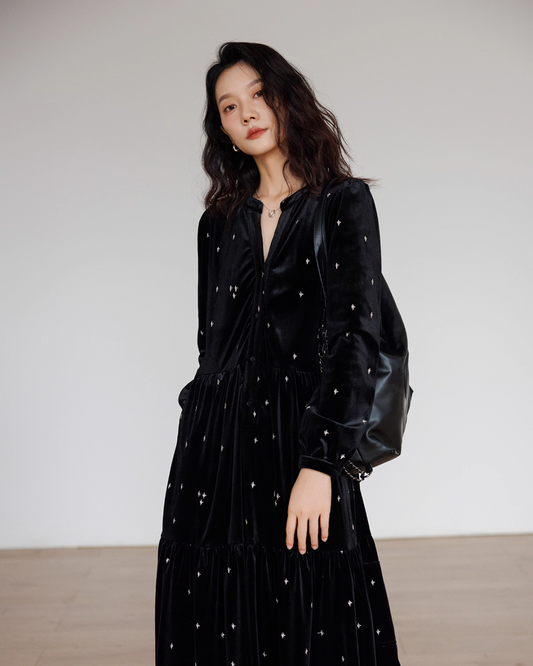V-Neck Velour Elegant Dress VAS0141