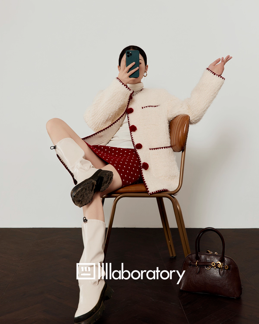 Red Pom-Pom Coat / Red Polka Dot Skirt LLA0575