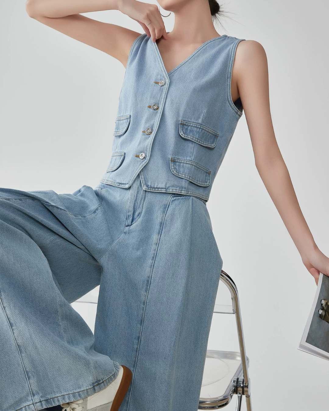 Denim V-neck Vest / Denim Wide Relaxed Pants FER0269