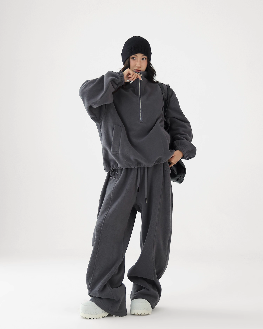 Half-Zip Stand Collar Fleece Top / Wide-Leg Sweatpants ACS0300