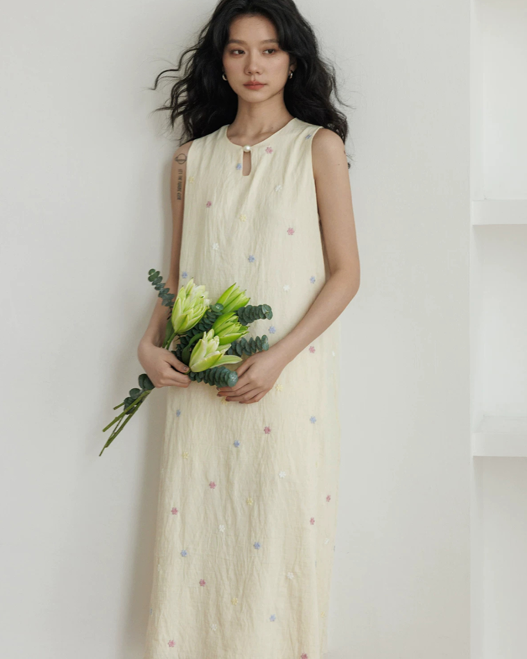 Flower Embroidery Pearl Button Long Dress VAS0203