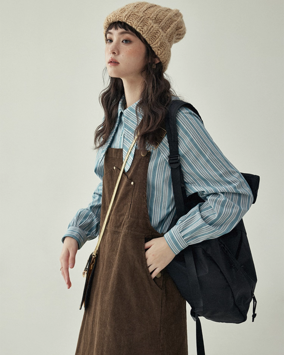 Blue Stripe Shirt / Wide Denim Pants / Corduroy Overall Skirt AMU0033