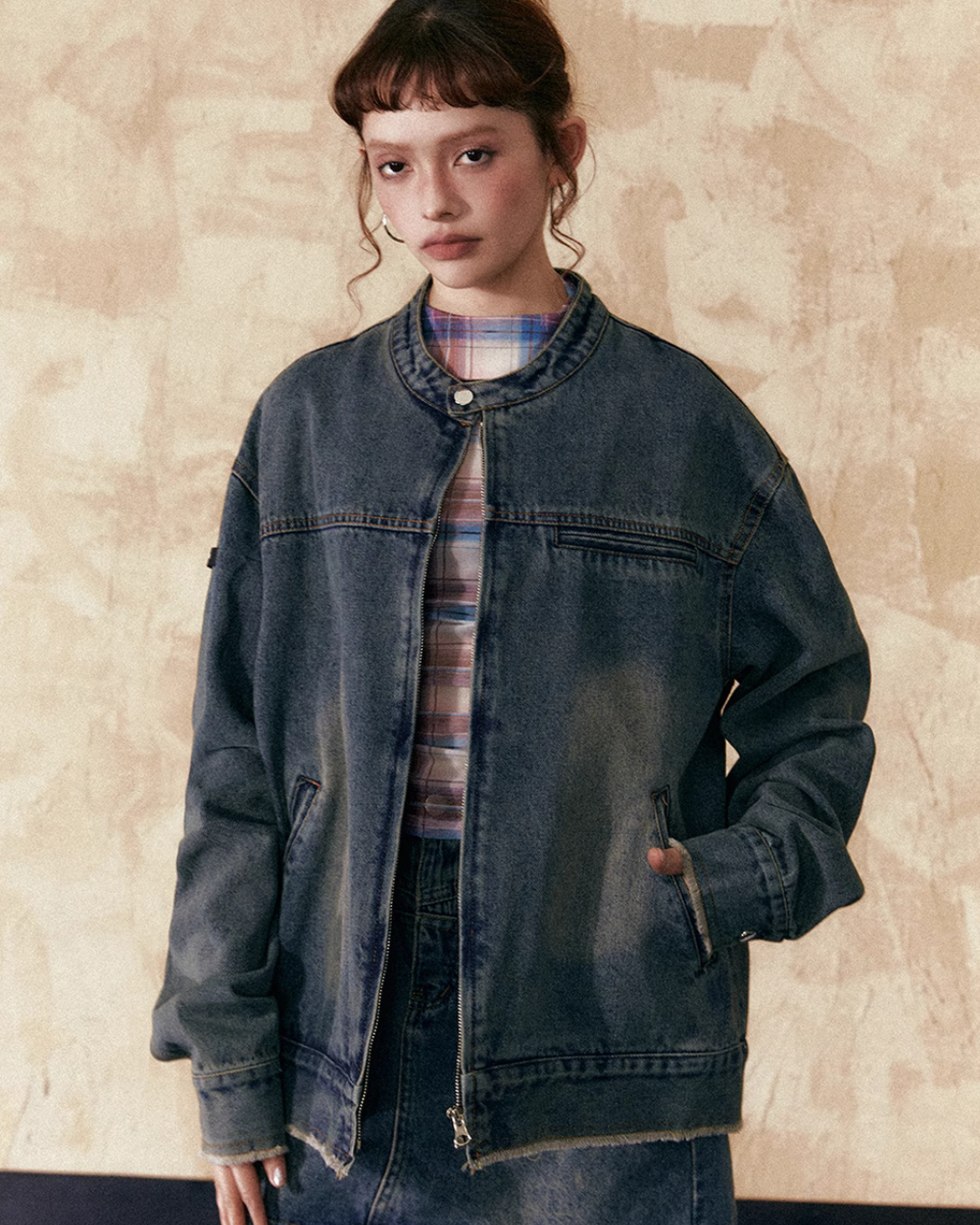 Collarless Denim Jacket EZK0041