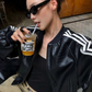 Striped Biker Leather Jacket  WWP0011