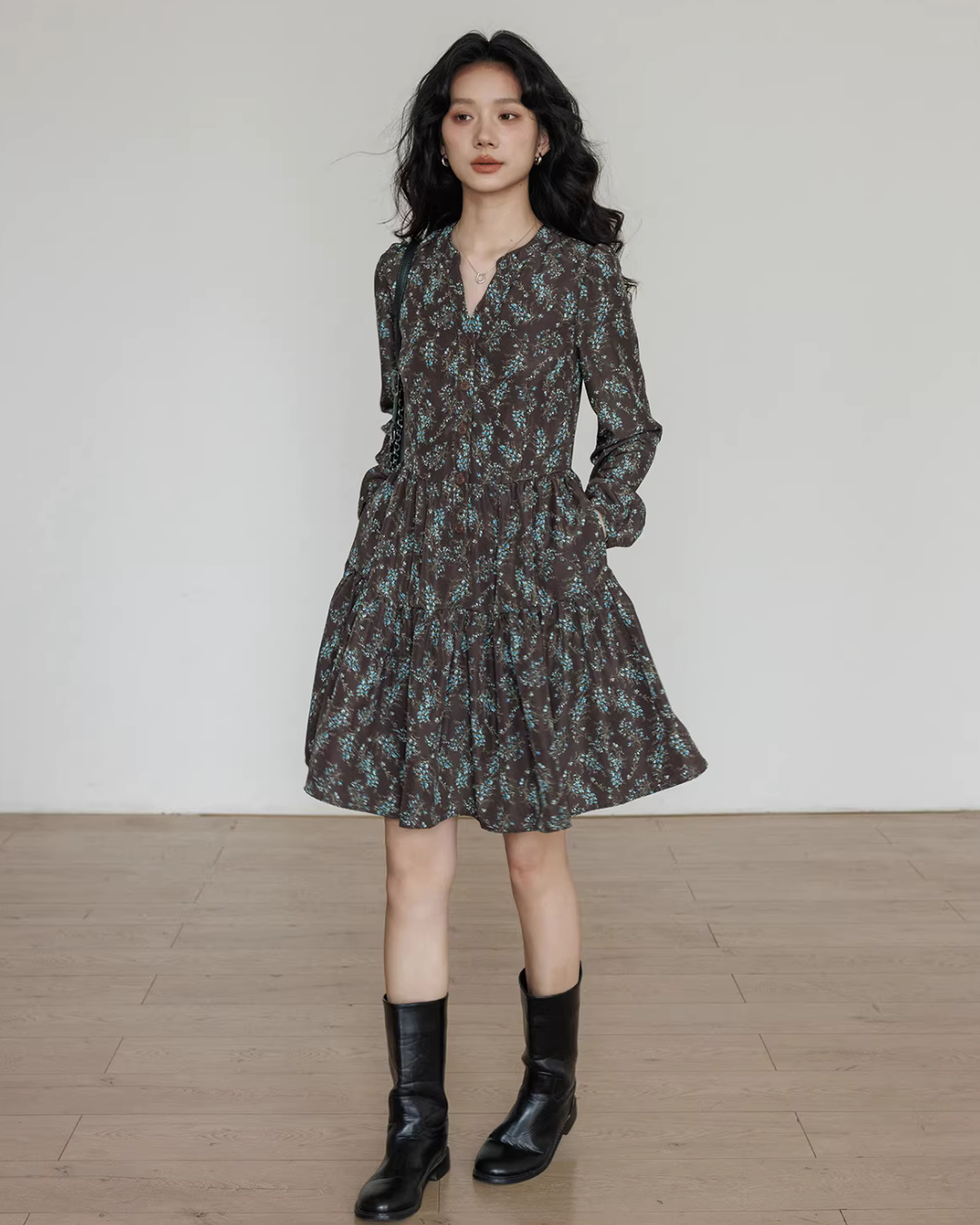 V-Neck Printed Waist Shirt Dress VAS0194