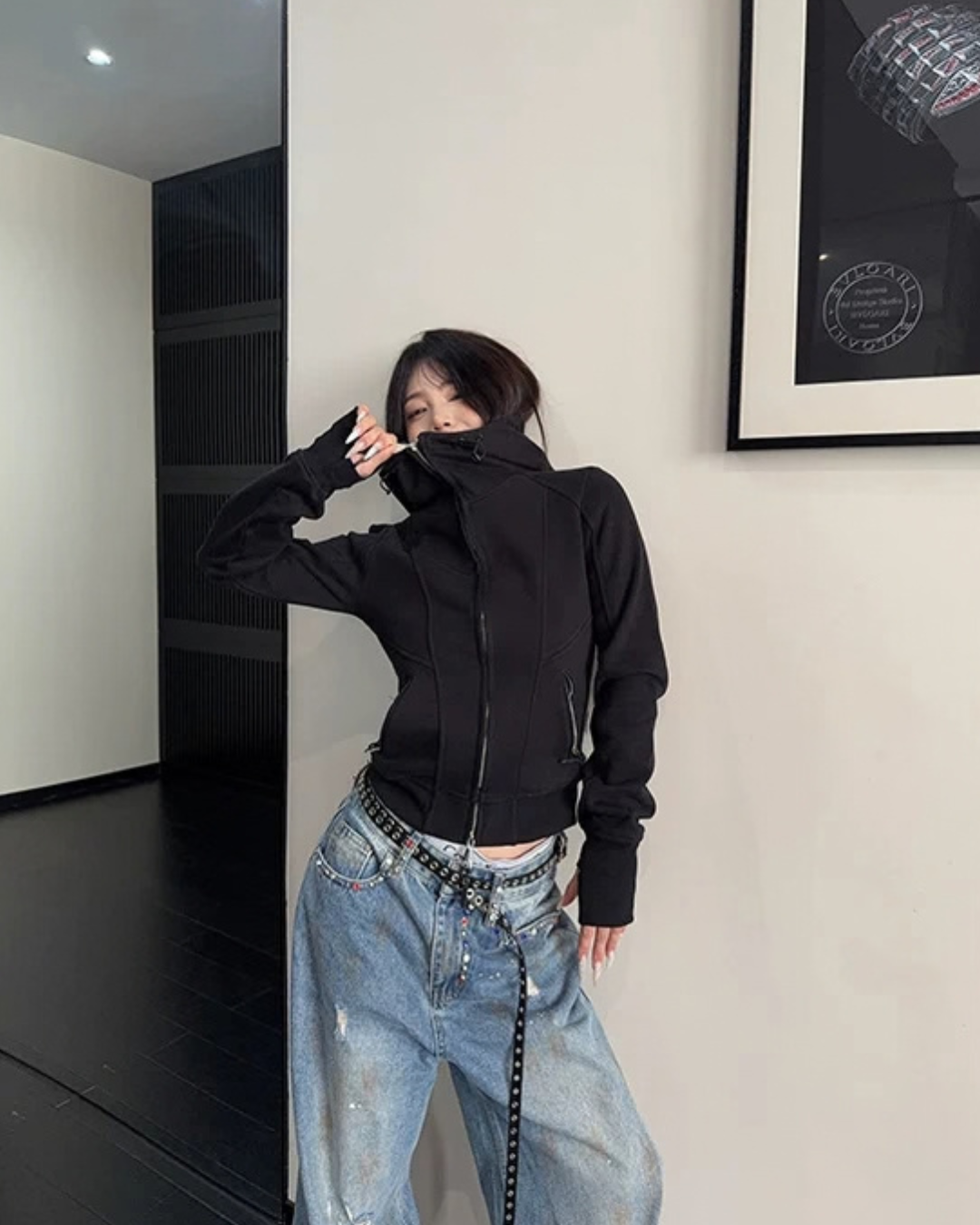 High-Neck Hooded Zip-Up Hoodie YLS1057