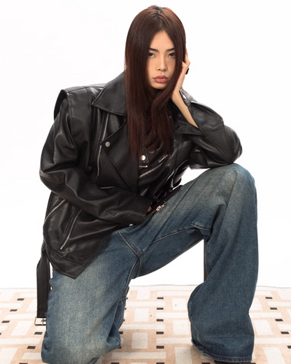 Shoulder Pad Leather Jacket BLB0021