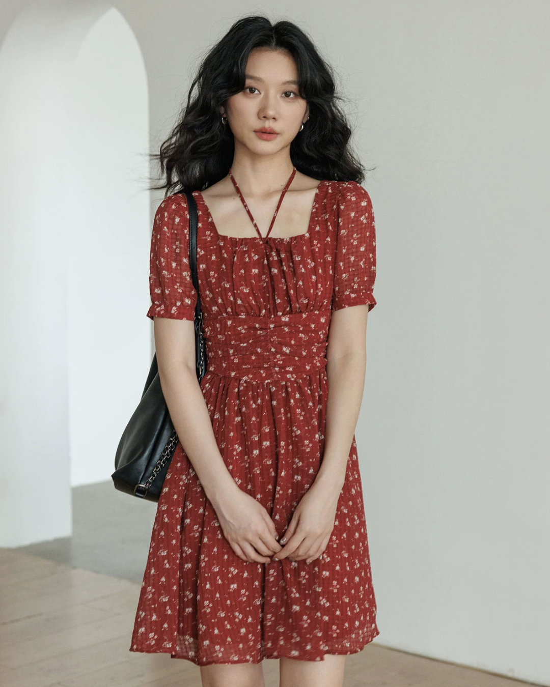 Square Neck Flower Mini Dress VAS0195