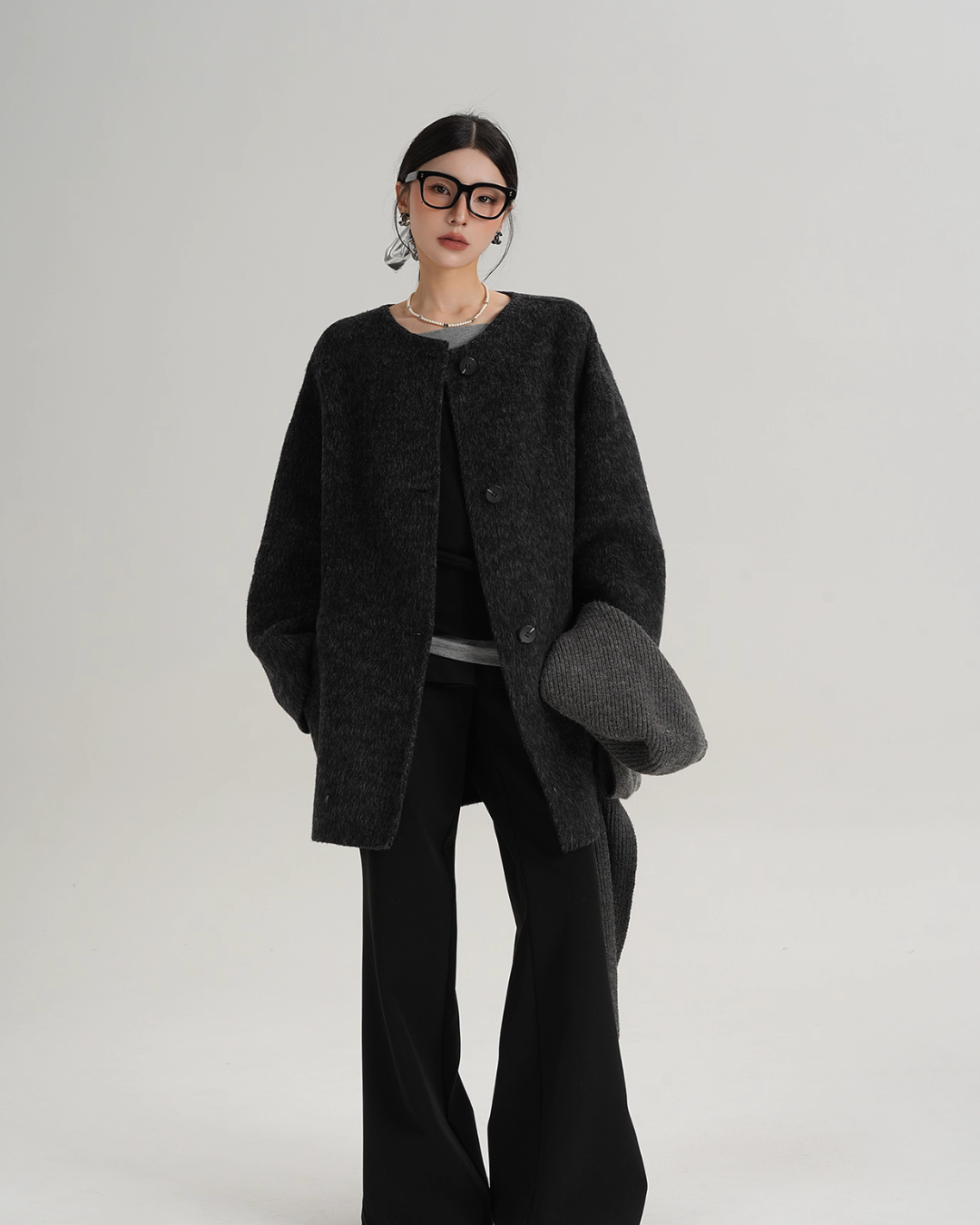 Hood Scarf Mid Length Wool Coat SRS0358